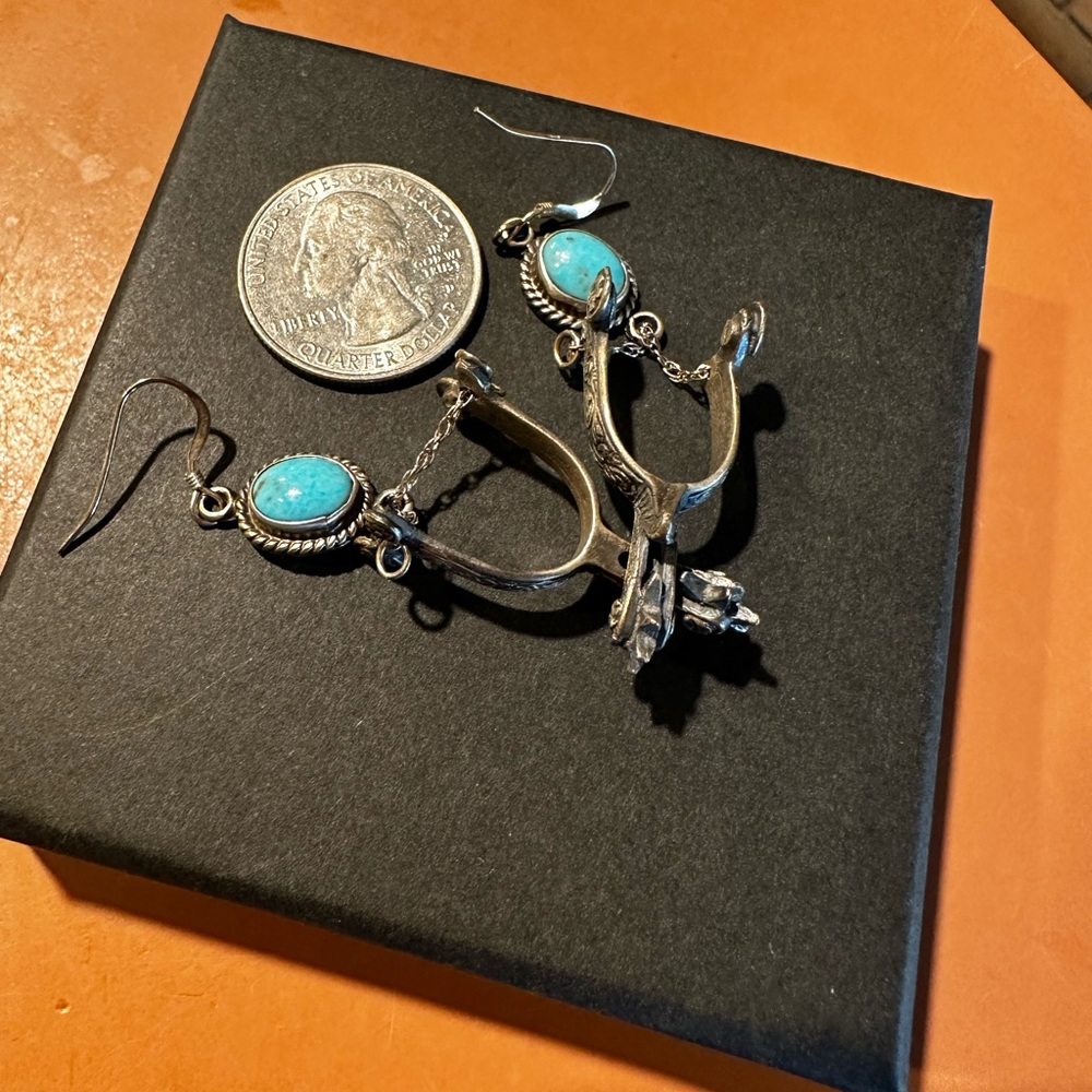 Running Bear Stamped .925 Sterling Silver and Turquoise Spur Dangle earrings
